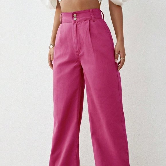 Pink Plain Womens Solid High Waist Wide Leg Jeans - Picture 2 of 5